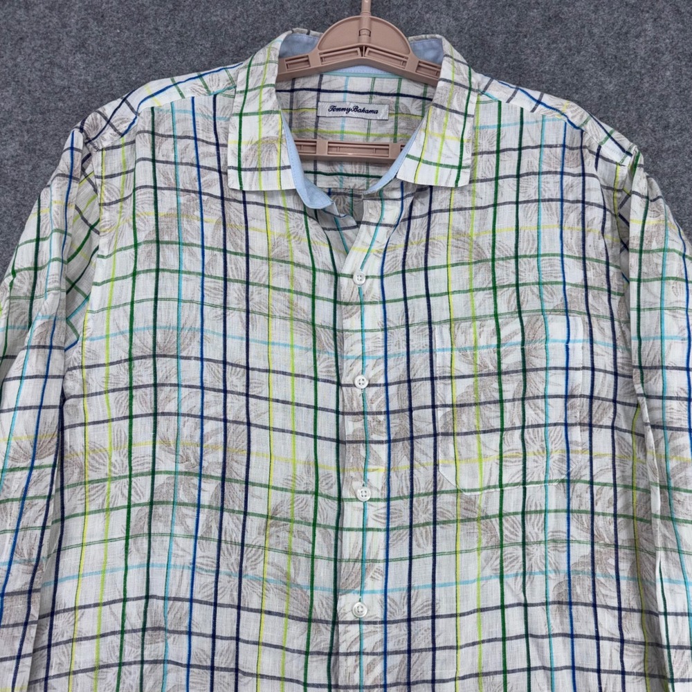 Tommy Bahama Mens Large Linen Plaid Tropical Palm Print Button Down Shirt Multi